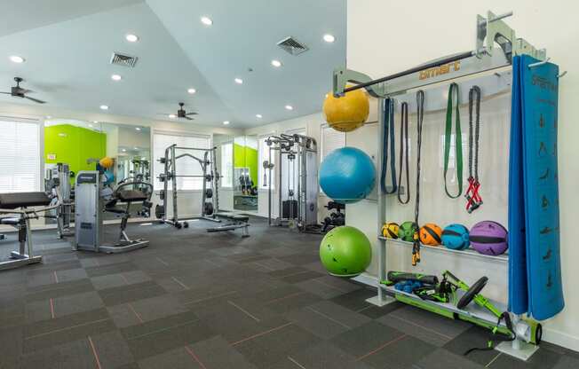 a gym with weights and cardio equipment at the flats