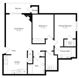 2 beds, 2 baths, 1,073 sqft, $1,542