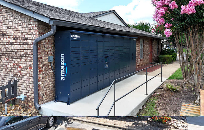 A blue Amazon garage door is closed.