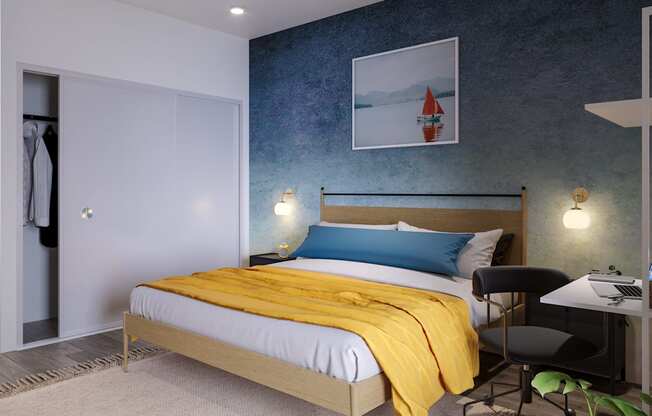a bedroom with a bed with a yellow blanket and a blue and white painting on the wall at Marina Square, Bremerton, WA, 98337
