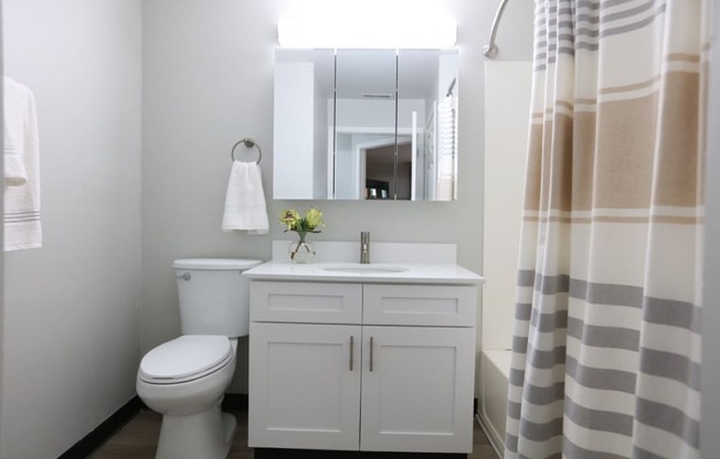 A white bathroom with a toilet, sink, and mirror. at Evergreen, Merrillville, IN, 46410