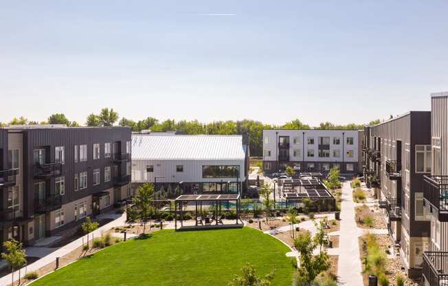 an aerial view of the courtyard of an apartment complex