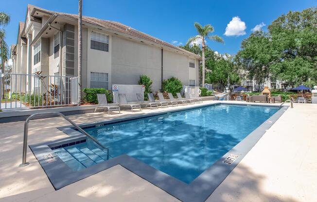 a pool next to a building