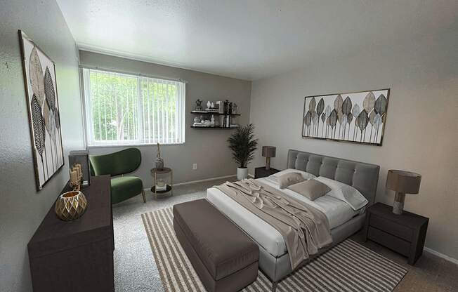 a rendering of a bedroom with a bed and a couch