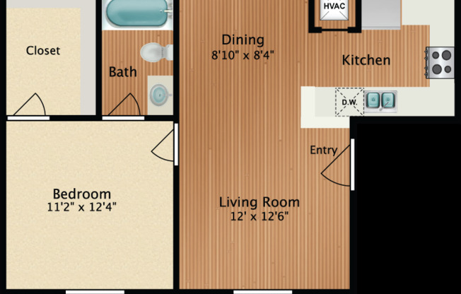 1 bed, 1 bath, 578 sqft, $1,272