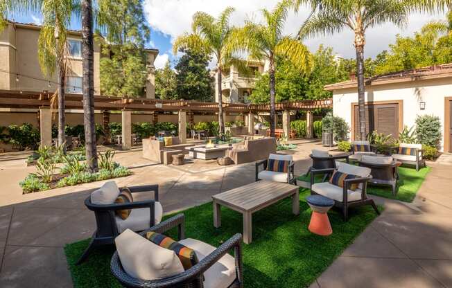 Courtyard patio with tables and chairs and palm trees