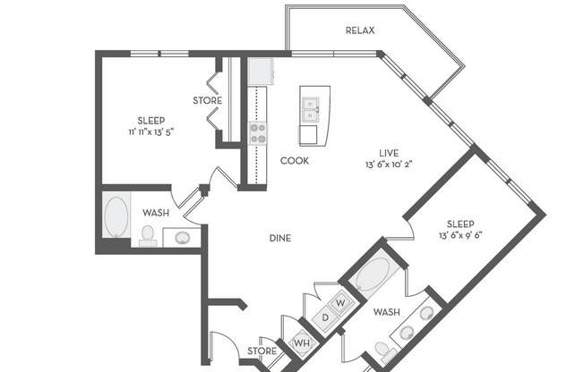 2 beds, 2 baths, 1,140 sqft, $1,486