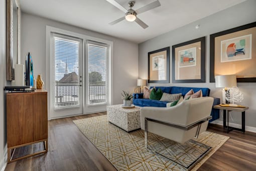 A living room with a couch, a television, and a rug.