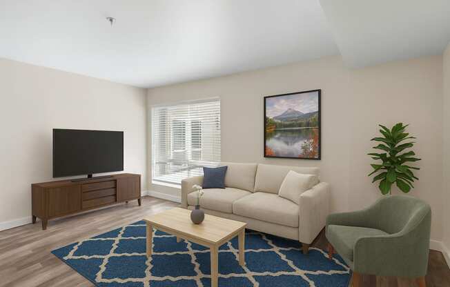A living room with a couch, chair, and a television.