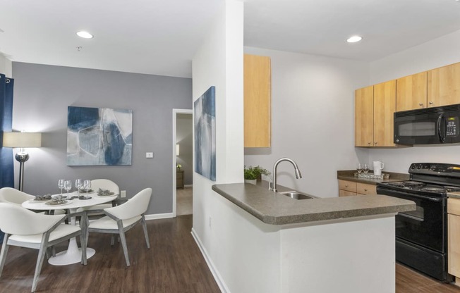 a kitchen and dining area with a table and chairs and a black stove