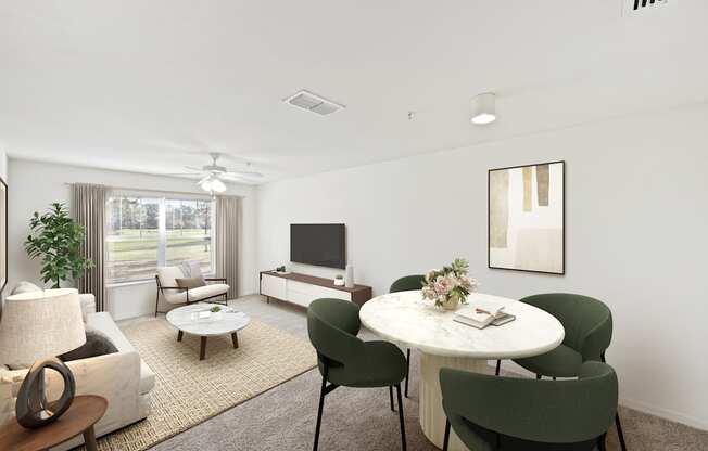 a living room with white walls and a large window