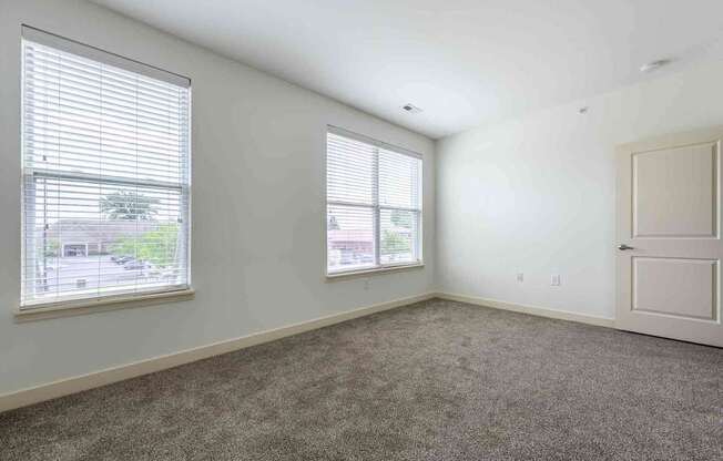 A room with a carpeted floor, two windows, and a door.