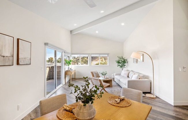 a living room with a dining table and a couch