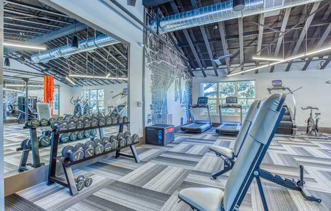 a gym with weights and cardio equipment at theria on the avenue apartments