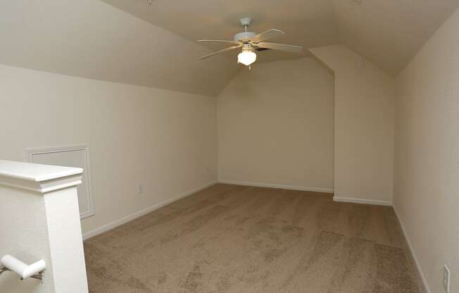 A room with a ceiling fan and carpeted floor.