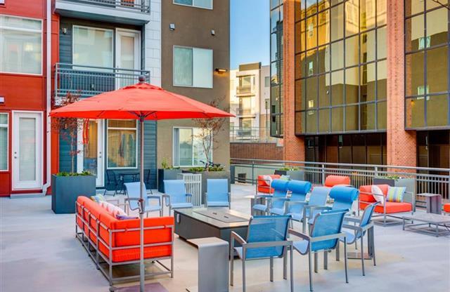 Outside Sitting area with shades at Element 31 Apartments, Utah, 84106