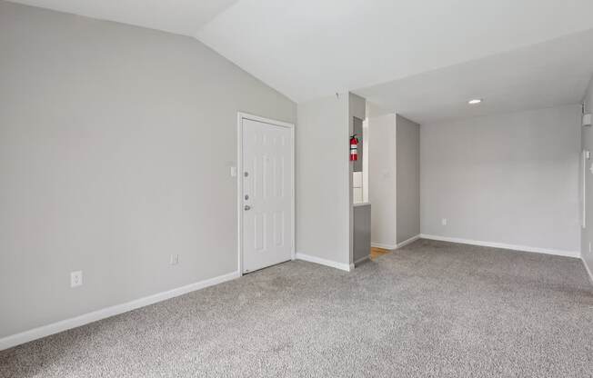 A room with a white door and carpeted floor.