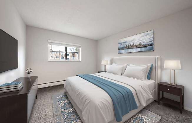 A bedroom with a large bed and a painting on the wall.