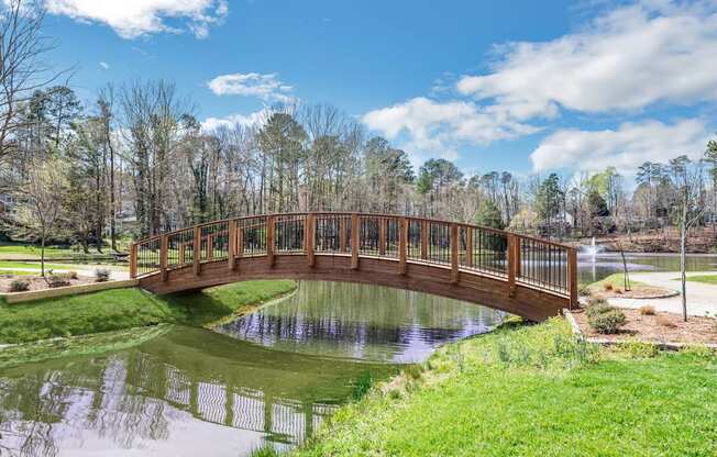 A bridge over a pond in a park.