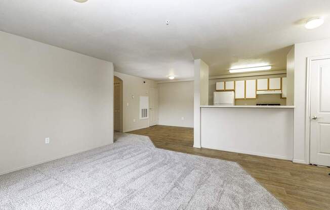 A spacious room with a grey carpet and white walls.