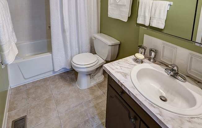 Full Bathroom at Ashton Pointe Apartments with vanity, toilet, and tub
