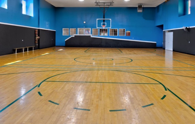 an indoor basketball court with a basketball hoop in the middle