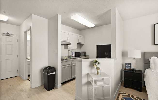 the living room and kitchen of our studio apartments atrium studio apartments