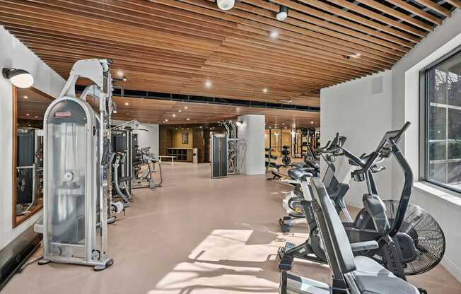 A gym with treadmills, elliptical machines, and other exercise equipment.