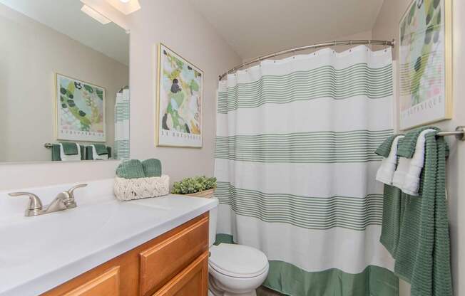 A bathroom with a white sink, toilet, and green and white striped shower curtain.