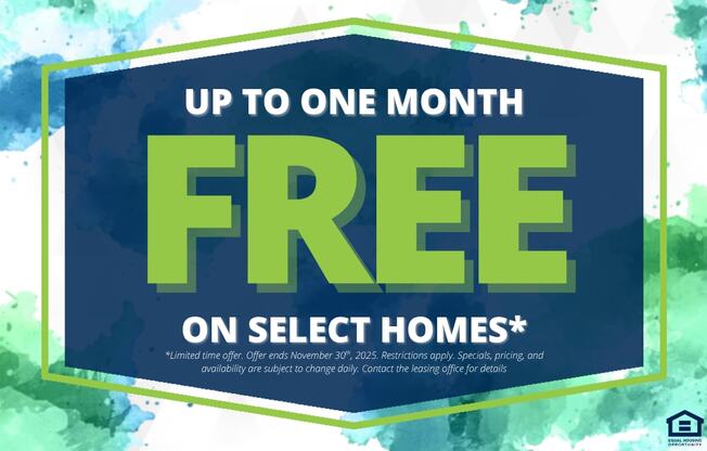 A promotional image offering up to one month free on select homes.