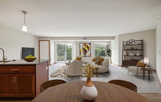 A modern dining room with a wooden table and chairs.