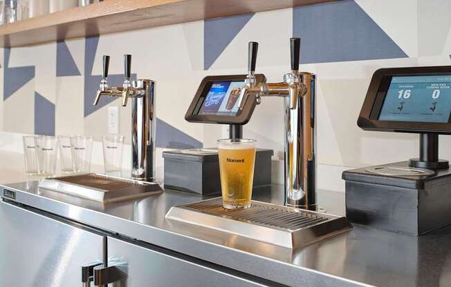 a glass of beer on a bar in a coffee shop