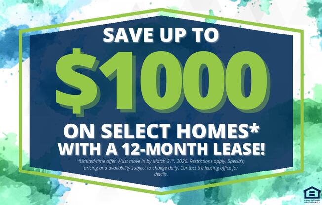 A promotional image offering up to $1000 savings on select homes with a 12-month lease.