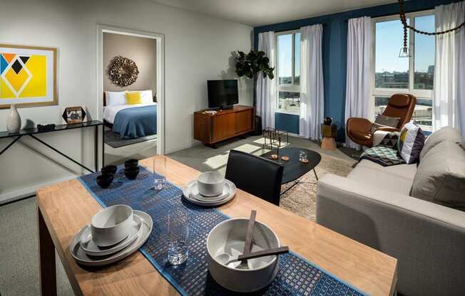 Living Room With Expansive Window at One Santa Fe Residential, Los Angeles, CA, 90012