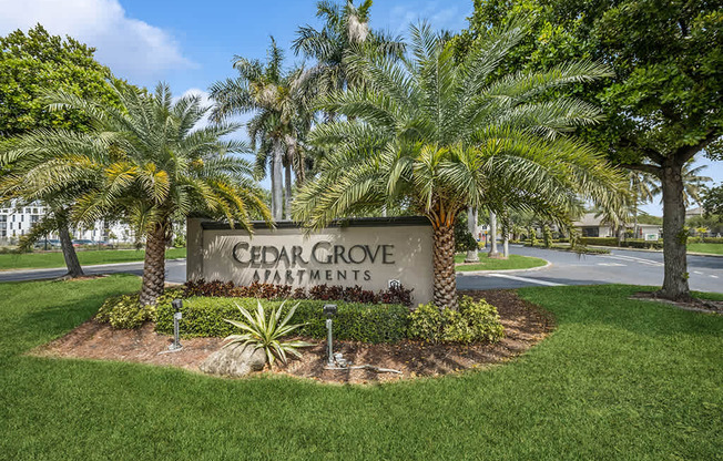 A sign for Cedar Grove Apartments is surrounded by palm trees and plants.