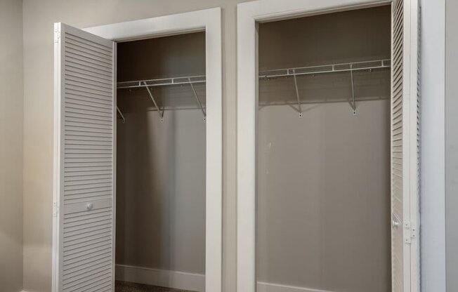 a bedroom with two closets and a bed