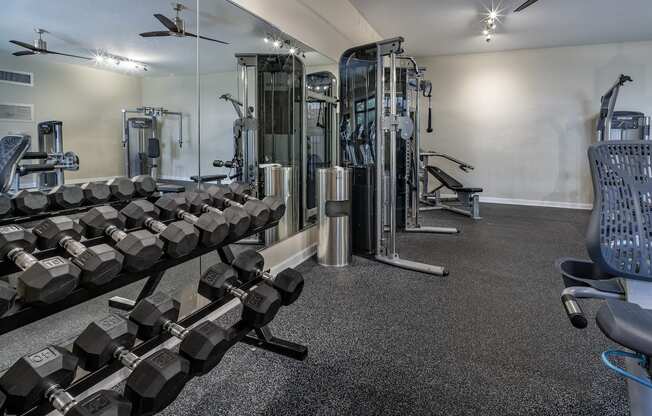 Free weights and weight machines in fitness center at Terraces at Clearwater Beach, Clearwater, FL