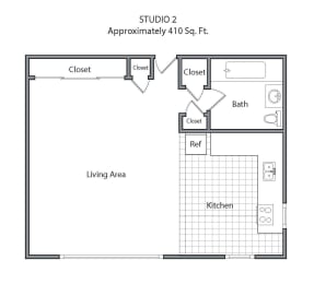 a floor plan of a studio apartment with a bedroom and a living room