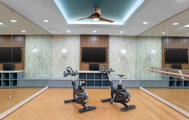 Two stationary bikes are in a room with a patterned wallpaper.