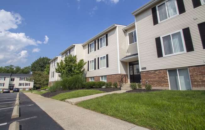 This is a picture looking down a row of apartment entrances at Deer Hill Apartments in Cincinnati, Ohio.