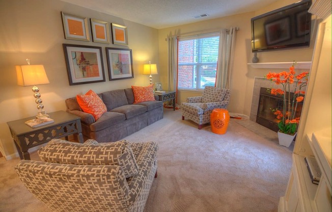 A living room with a grey couch, a fireplace, and a television.