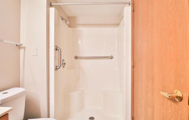 A white bathroom with a toilet, a shower, and a wooden door.