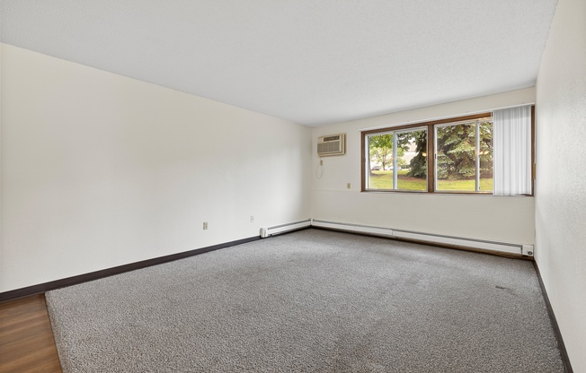 A room with a carpeted floor and a window with blinds.