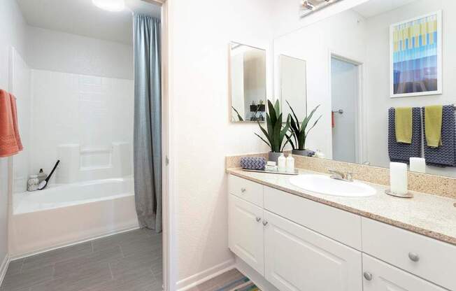 Bathroom With Bathtub at Towers at Costa Verde Apartments, San Diego, California
