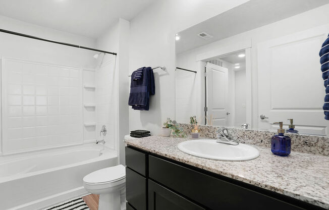 a bathroom with a sink and a shower and a toilet