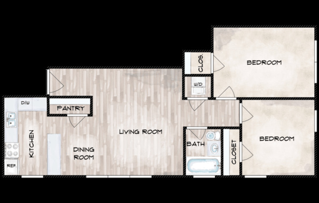 2 beds, 1 bath, 763 sqft, $985