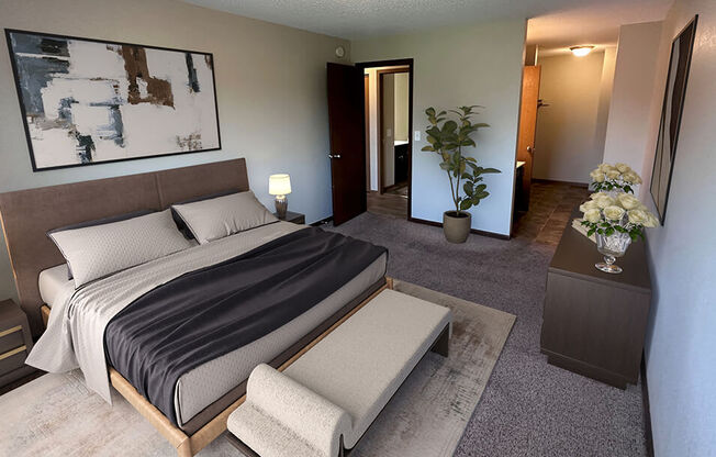 a bedroom with a large bed and a large painting on the wall