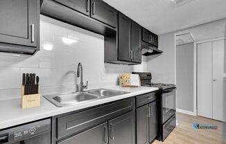 A modern kitchen with black cabinets and stainless steel appliances.