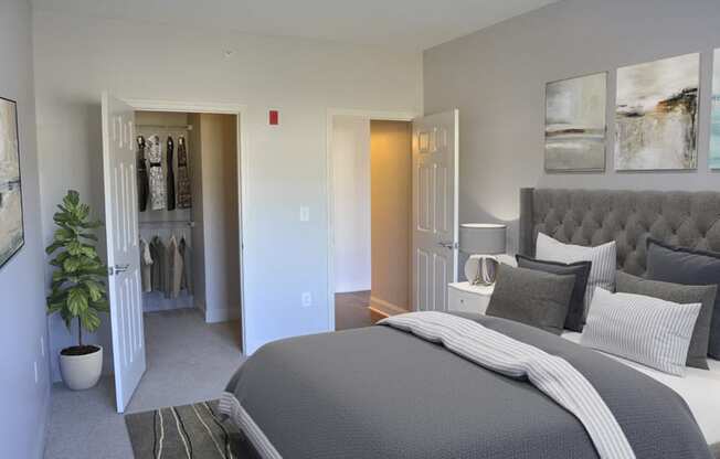 Model apartment bedroom with carpet and large closet