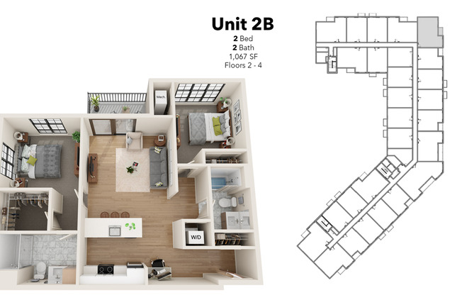 2 beds, 2 baths, 1,067 sqft, $1,900, Unit 424